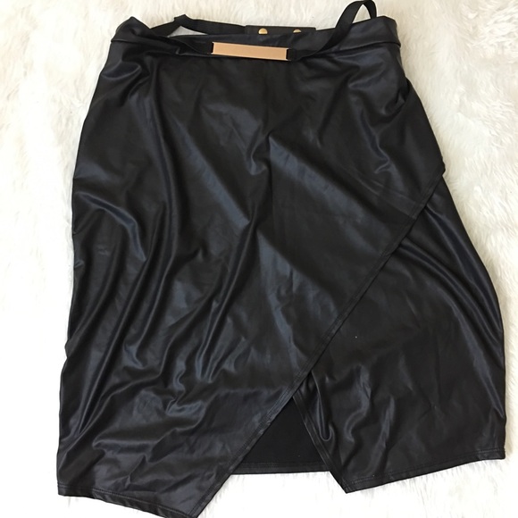 BLUSH Blk Pleather Faux Wrap Skirt w/Gold Belt - Picture 2 of 6